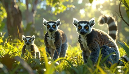 Fototapeta premium Three Ring-Tailed Lemurs in Lush Green Forest Sunlight.