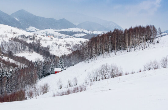 Snowy mountain landscape with rolling hills, forest and small cabin in winter
