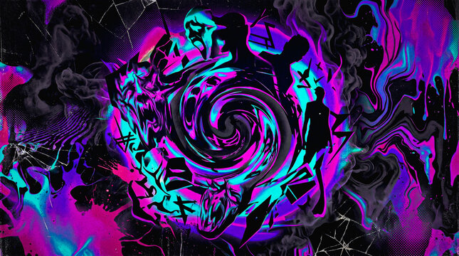 Synthwave glitch art of a swirling face vortex in neon purple and turquoise. Features distorted profiles. Ideal for edgy music album covers.