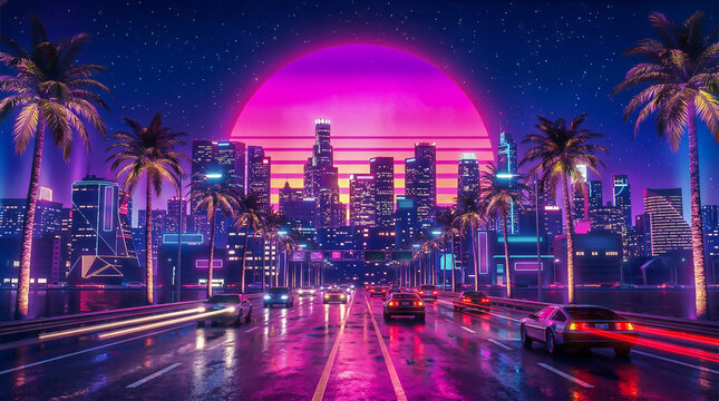 Synthwave neon city skyline under a purple sun. Wet streets, palm trees, and classic cars with light trails. Excellent for digital wallpaper.
