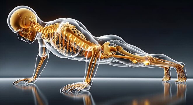 Human anatomy skeleton push up exercise illustration