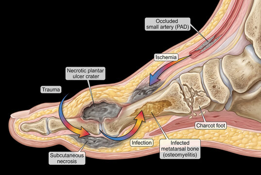 Diabetic foot complications with ulcer and osteomyelitis illustration
