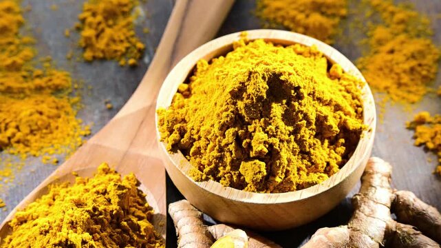 A bowl of turmeric powder on wooden table.
