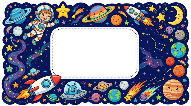 Kids frame features astronaut stars planets rockets and spaceships in outer space