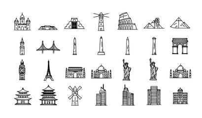 Fototapeta premium Landmark outline icons set with world monuments and travel architecture symbols vector isolated on white