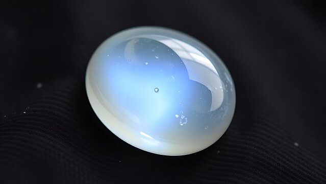 culpability. A moonstone gemstone glowing softly on dark fabric, close-up view. STEM education sheets, lab safety posters, designed for STEM education and laboratory safety posters.
