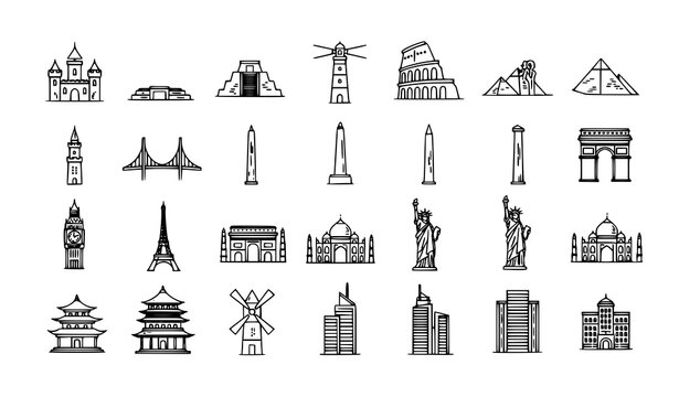 Landmark outline icons set with world monuments and travel architecture symbols vector isolated on white
