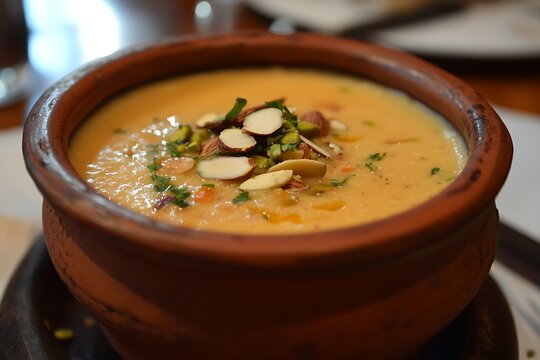 Kheer served in a traditional clay bowl with pistachio, almond, and cardamom garnish 