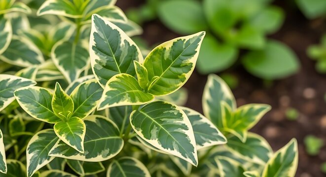 Variegated Euonymus Plant Close Up with Green and White Leaves.