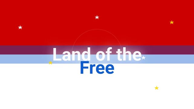 Bold glowing land of the free text expands with radiant highlights over red white and blue striped background accented by twinkling stars and decorative circles