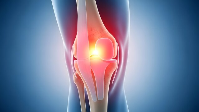 Medical Illustration Of Knee Joint Pain Inflammation And Injury Concept With Highlighted Area Showing Arthritis Problem