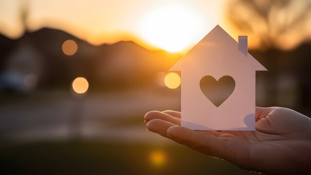 Hand Holding House Model With Heart Shape At Sunset Light Real Estate Investment And Home Ownership Concept