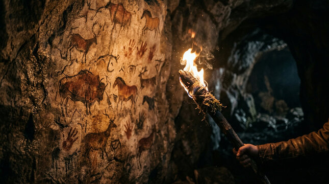 Prehistoric cave painting with person holding a torch in a dark cave
