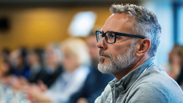 Focused Thought: A portrait captures an intelligent middle-aged man engrossed in thought, wearing glasses, in a focused setting with other people blurred in the background.