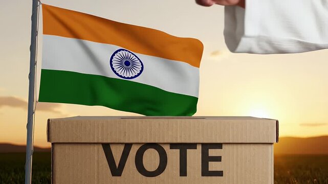 Indian voter casts ballot into a box with the national flag waving