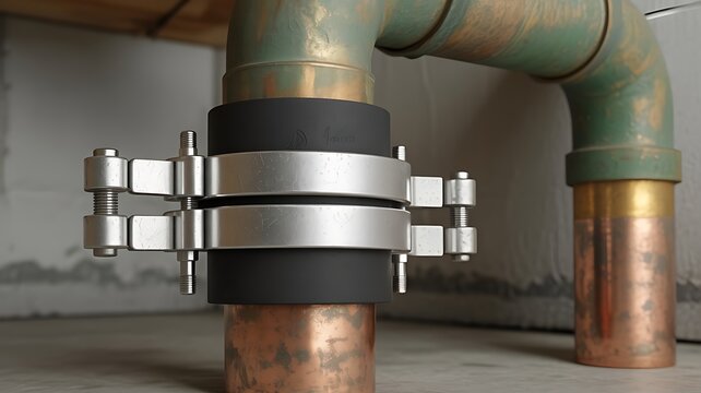 Pipe repair clamp tightly secures rubber patch on old pipe, demonstrating emergency plumbing fix for leaks in residential maintenance.