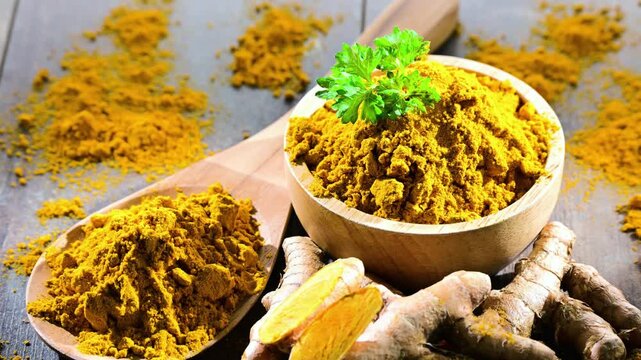 A bowl of turmeric powder on wooden table.