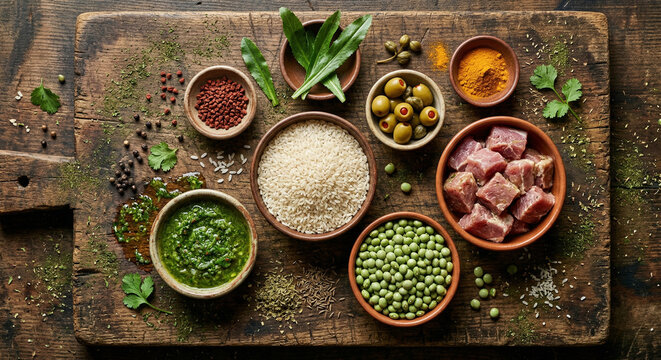 Hyper-realistic flat lay of Arroz con Gandules ingredients on a herb stained board