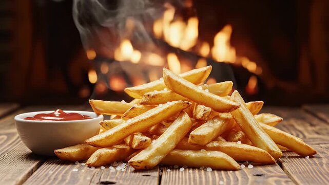 Hot french fries with ketchup served on a wooden table with a fireplace background
