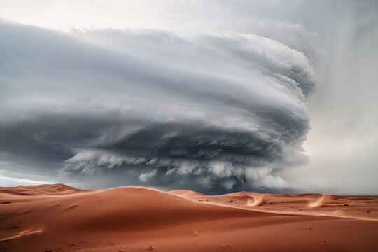 Dramatic desert storm cloud formation over rolling sand dunes