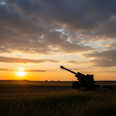 Fototapeta premium The imposing silhouette of a powerful artillery cannon dominates the horizon as the sun sets, casting a dramatic golden glow over the vast field at dusk, symbolizing resilience and vigilance