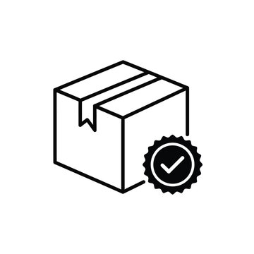 A simple black and white line drawing depicts a cardboard box with a quality assurance seal