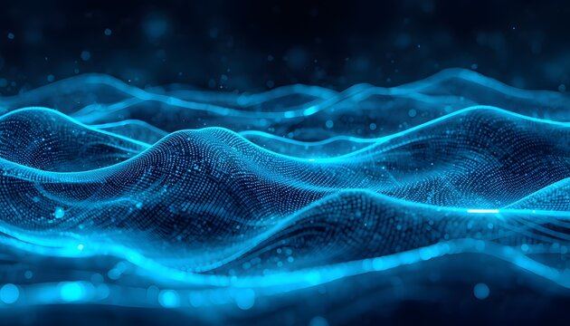 Abstract digital ocean waves featuring glowing blue particle mesh structures creating a futuristic technological background for modern data science visualizations