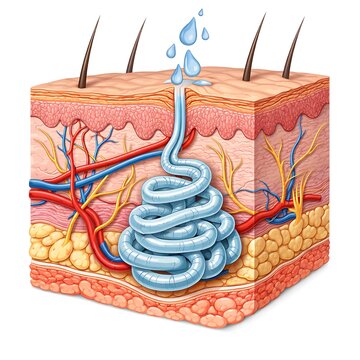 Human Skin Anatomy Cross Section with Eccrine Sweat Gland Function Illustration