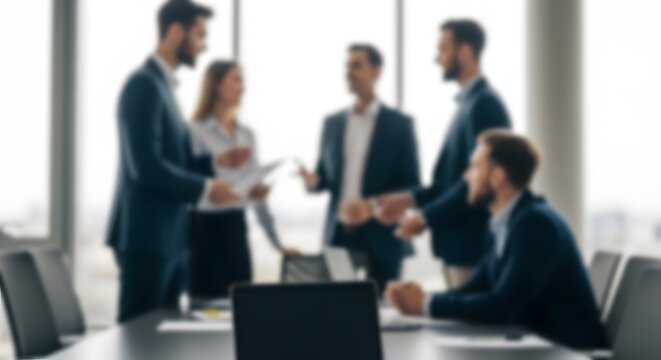 Modern office background blurred business team meeting in a bright contemporary workspace setting