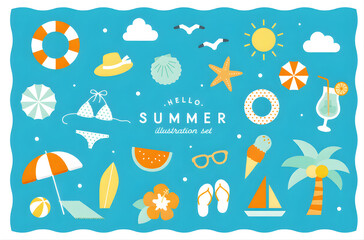 Fototapeta premium Hello Summer Illustration Set With Beach Icons, Palm Tree, Sun, and Vacation Elements