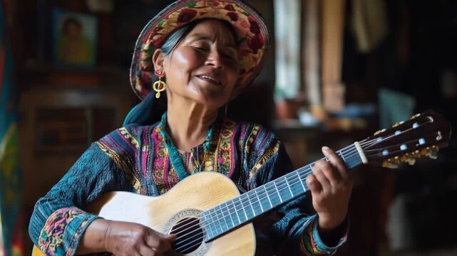 Harmony of Strings: Capturing the timeless art of traditional performance, an elderly woman in a patterned attire passionately strums a classical guitar with gentle smile and serenity. 