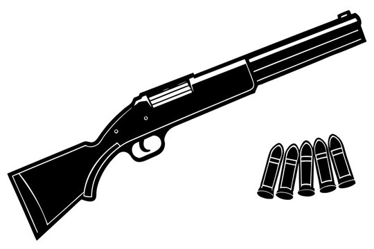 Pump action shotgun with shells displayed on white background