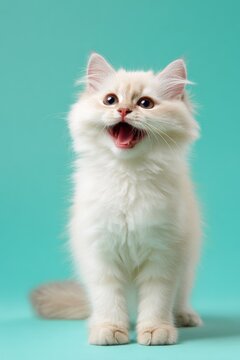 Cheerful cream kitten on teal background standing and meowing with bright eyes fluffy fur and curious expression