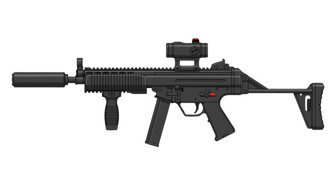 Compact submachine gun with suppressor on plain white background