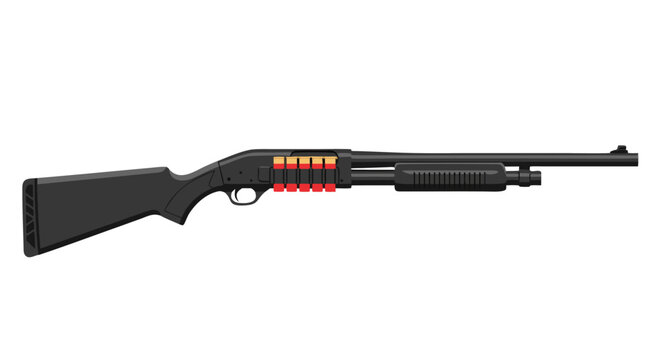 Pump action shotgun with shell holder on white background