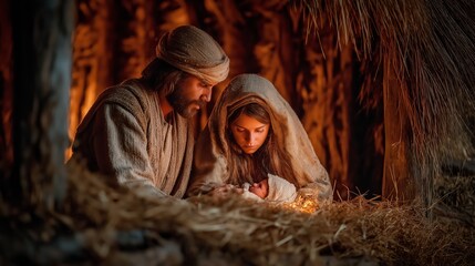 Fototapeta premium Joseph with Mary and baby Jesus in a stable under warm light. Peaceful nativity scene symbolizing faith, family, and the birth of Christ.