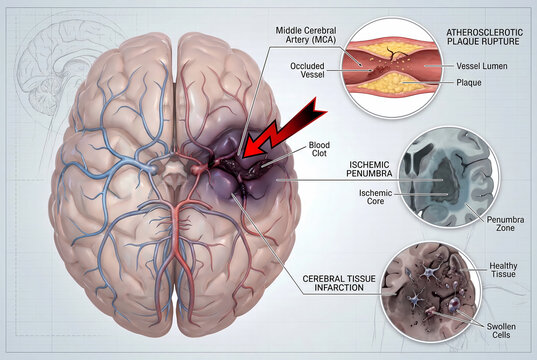Ischemic stroke medical illustration with MCA clot and plaque rupture