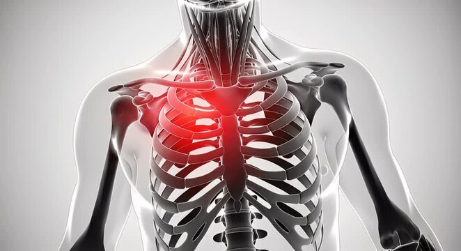 Medical illustration of human skeleton and shoulder pain