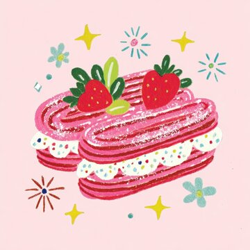 Strawberry Eclairs Delight: Two charming strawberry eclairs sit pretty atop a blush pink backdrop, the stars and flower's whimsy adding a touch of elegance and whimsy. 
