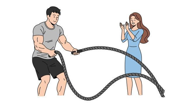 Fit man using battle ropes for workout while woman claps in support, isolated on white background