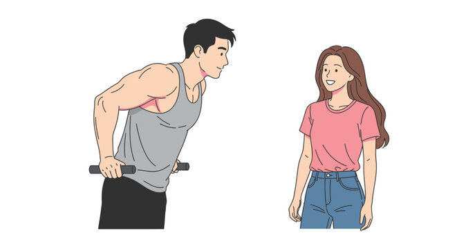 Muscular man performing dips on parallel bars, smiling at a woman who is watching him, illustrating fitness, workout, and gym partnership.