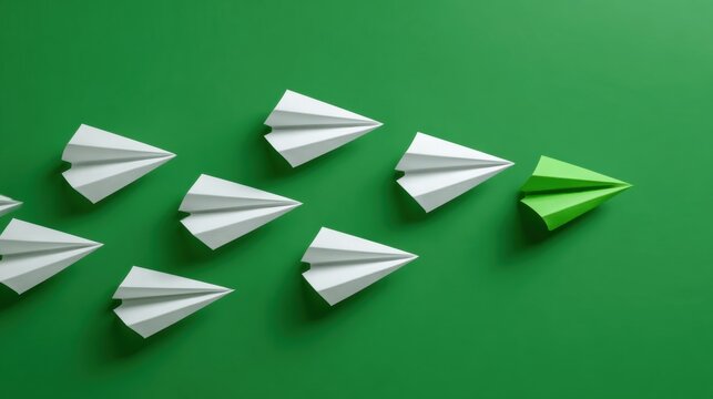 One green paper airplane leads a group of white planes