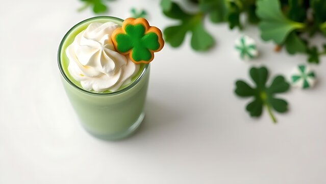 materialization. Green milkshake with whipped cream and clover cookie on white surface. menu design, packaging mockups, designed for food delivery and cloud-kitchen brand materials.
