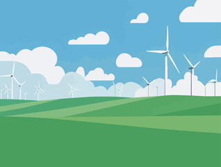Obraz premium Wind turbines stand tall in a green field under a blue sky with clouds in the background on a sunny day in a rural area