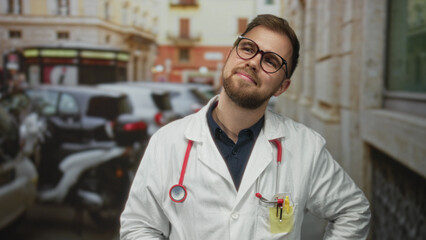 Fototapeta premium Man doctor wearing white coat and stethoscope, hand to head gesture on street in city; thoughtful compassion.