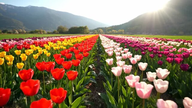Rows of colorful tulips in bloom with mountains and bright sun