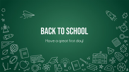 Back to school background. Banner with school outline icons on chalkboard. Education poster template. Rectangular green backdrop with study stationery and copy space on blackboard. Vector illustration © maradaisy