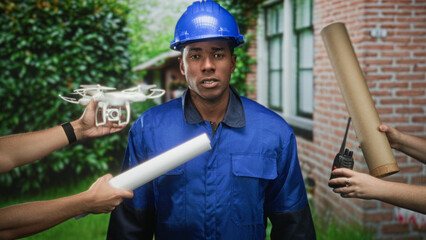 Man in blue hardhat and coveralls holds rolled blueprint as drone and walkie are offered near him...