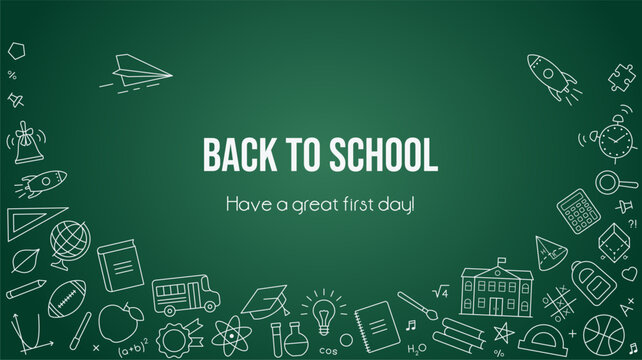 Back to school background. Banner with school outline icons on chalkboard. Education poster template. Rectangular green backdrop with study stationery and copy space on blackboard. Vector illustration