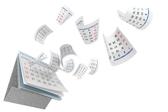 calendar pages and empty page curved  flying - 3d renderig